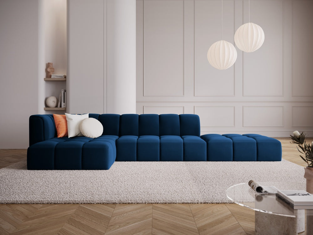 
5-Sitzer Design Ecksofa "Adams" mit Ottomane - Samt Königsblau / Ottomane rechts
