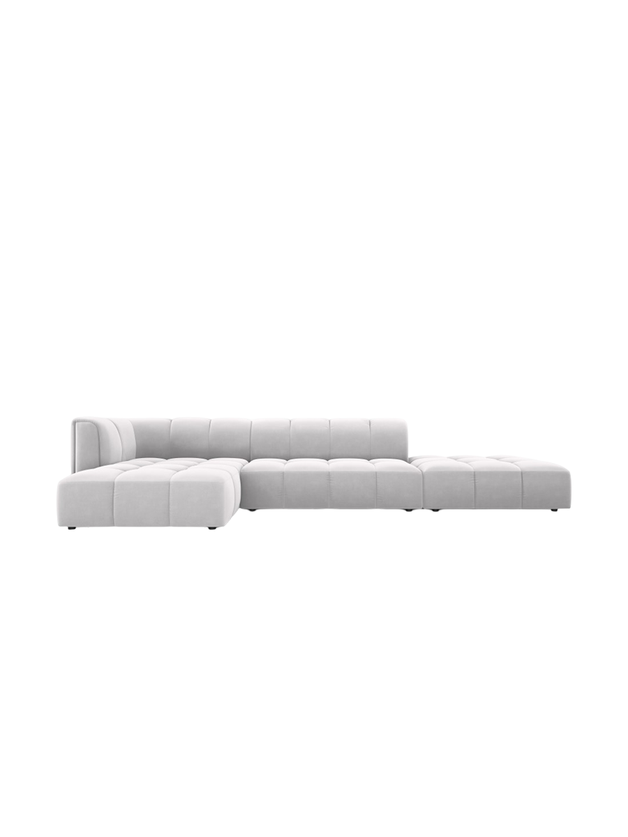 
5-Sitzer Design Ecksofa "Adams" mit Ottomane - Samt Silver / Ottomane rechts