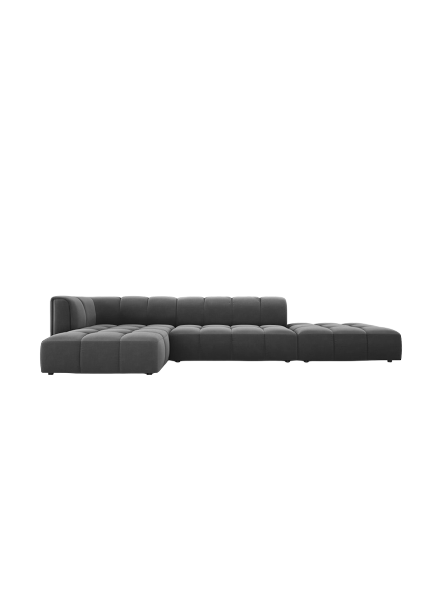
5-Sitzer Design Ecksofa "Adams" mit Ottomane - Samt Grau / Ottomane rechts