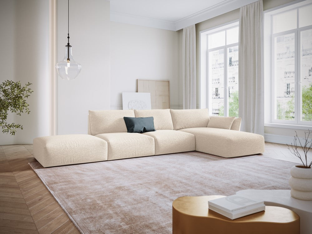 
Canapé d'angle design "Clau" 5 places avec ottomane - Chenille Beige Clair / Pièce d'angle droite