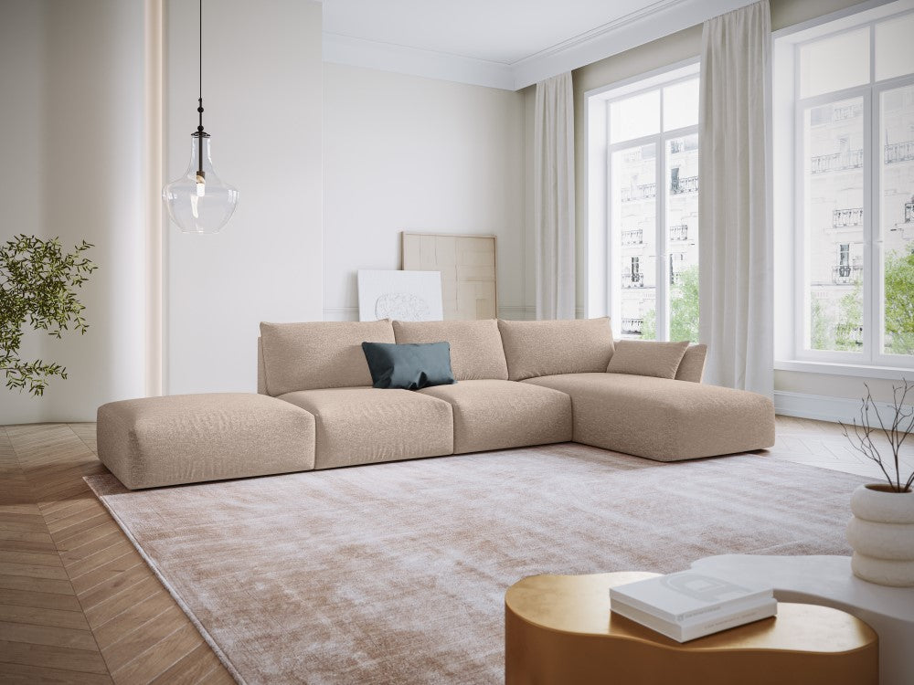 
Canapé d'angle design "Clau" 5 places avec ottomane - Chenille Beige / Pièce d'angle droite