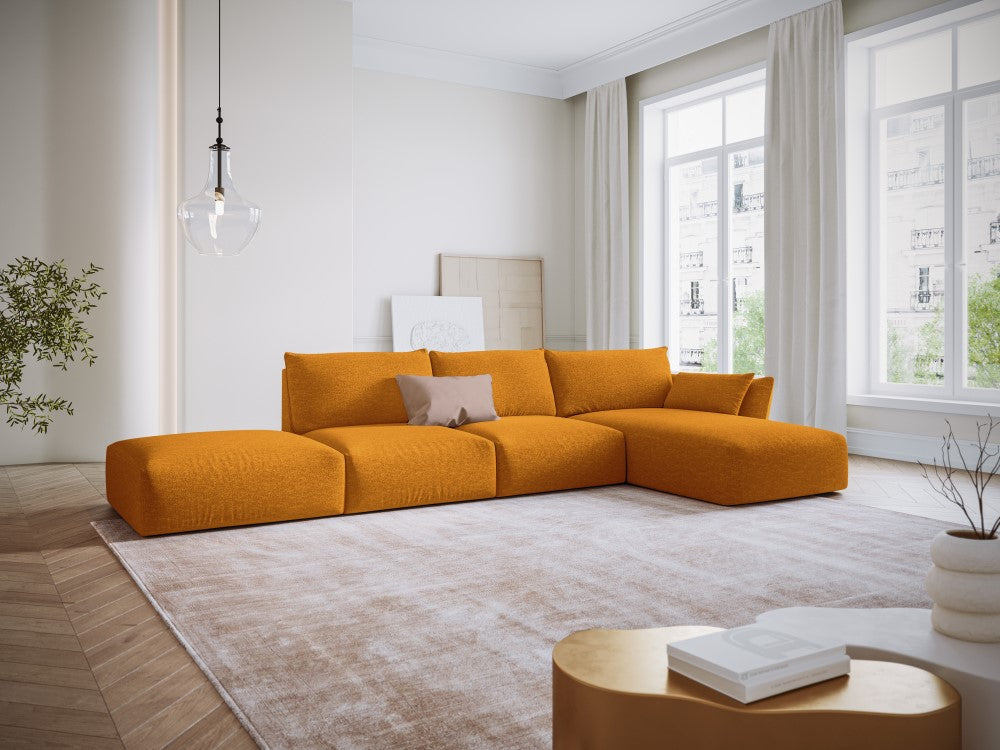 
Canapé d'angle design "Clau" 5 places avec ottomane - Chenille jaune moutarde / Pièce d'angle droite