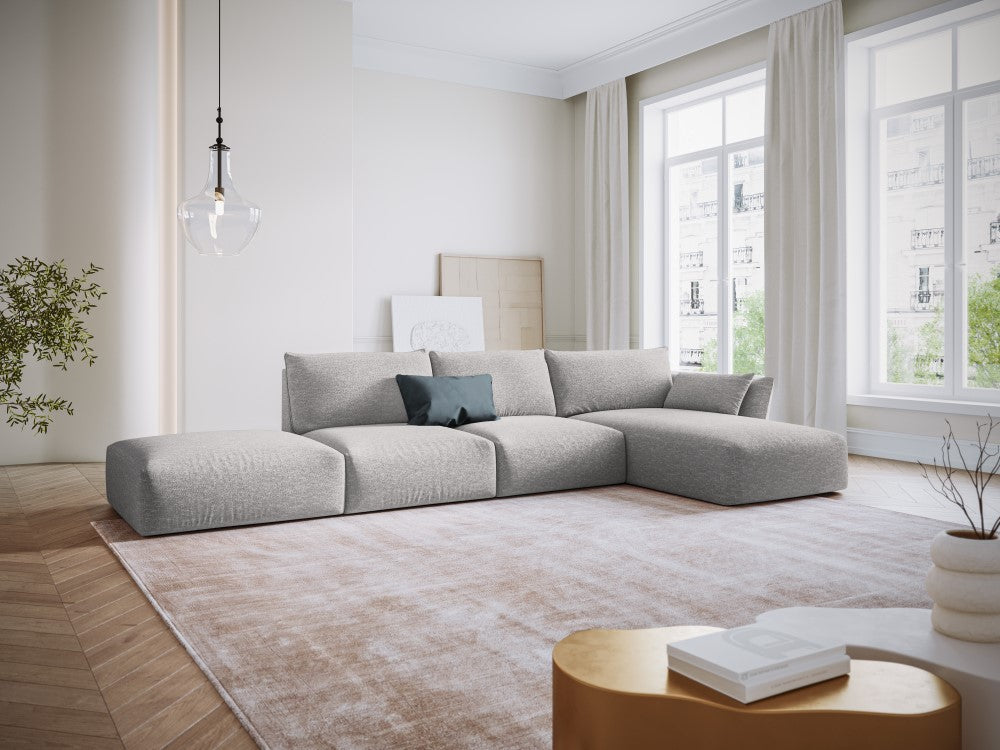 
Canapé d'angle design "Clau" 5 places avec ottomane - Chenille Gris clair / Pièce d'angle droite