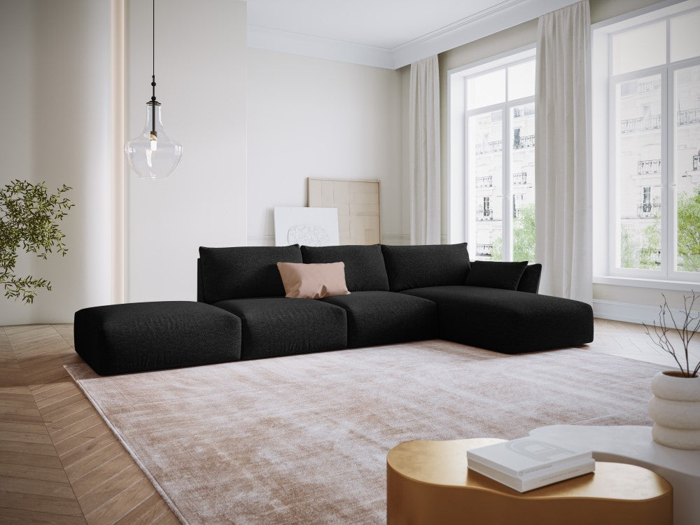 
Canapé d'angle design "Clau" 5 places avec ottomane - Chenille noire / Pièce d'angle droite