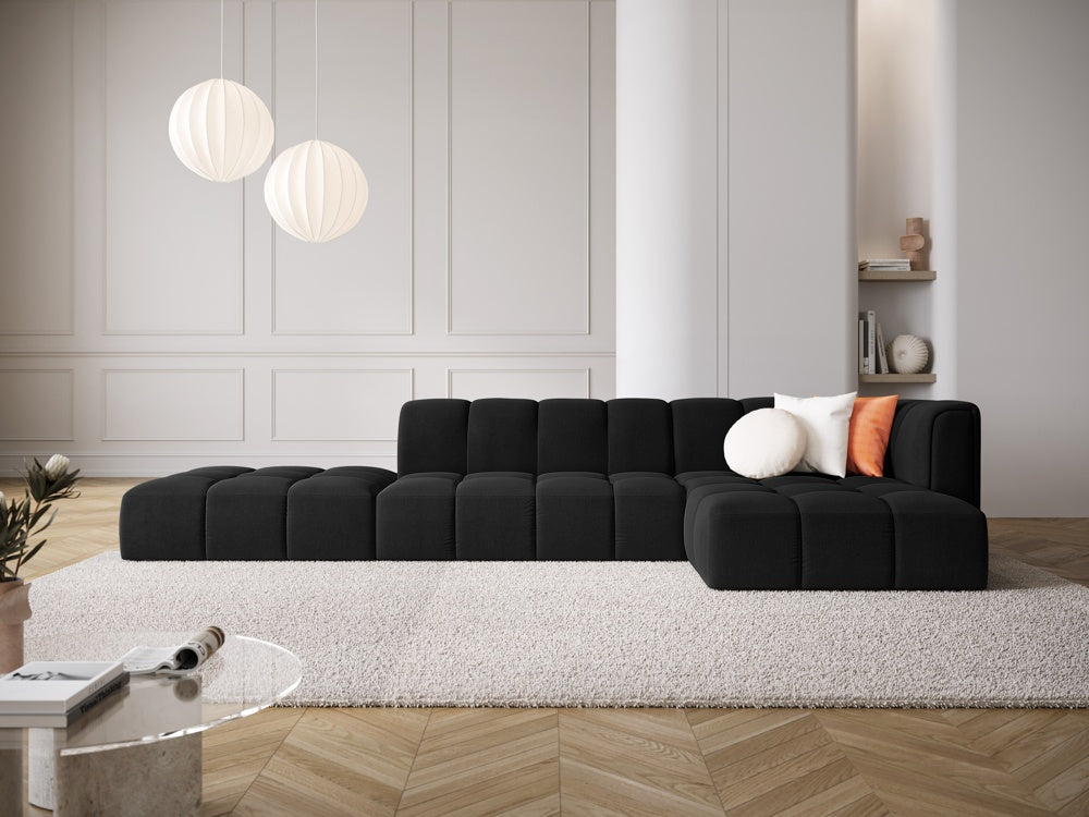 
5-Sitzer Design Ecksofa "Adams" mit Ottomane - Chenille Schwarz / Ottomane links
