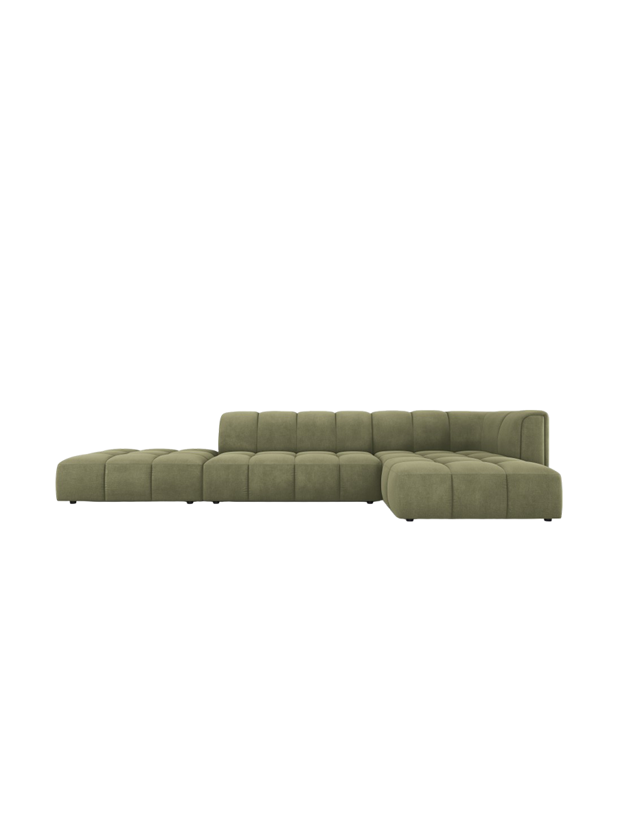 
5-Sitzer Design Ecksofa "Adams" mit Ottomane - Chenille Olivgrün / Ottomane links