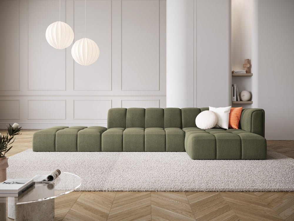 
5-Sitzer Design Ecksofa "Adams" mit Ottomane - Chenille Olivgrün / Ottomane links