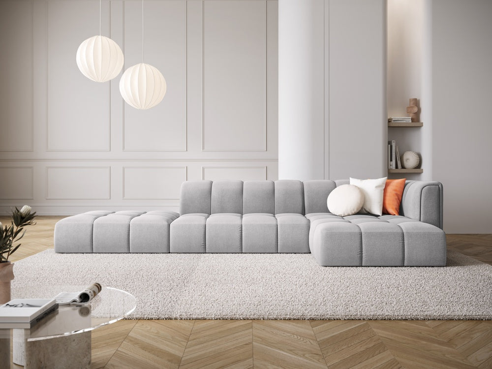 
5-Sitzer Design Ecksofa "Adams" mit Ottomane - Chenille Hellgrau / Ottomane links