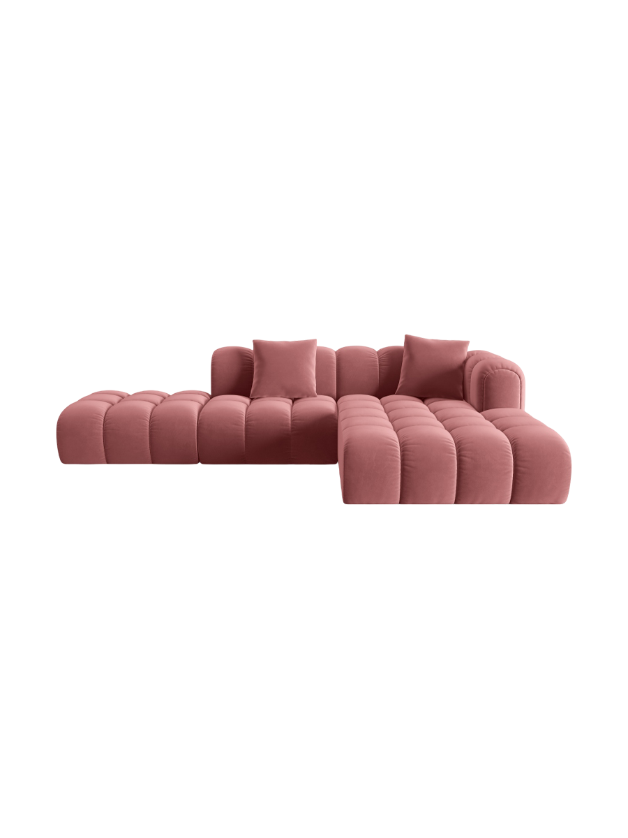 
4-Seater Designer Corner Sofa "Arden" with Ottoman - Velvet Flamingo Pink / Ottoman left