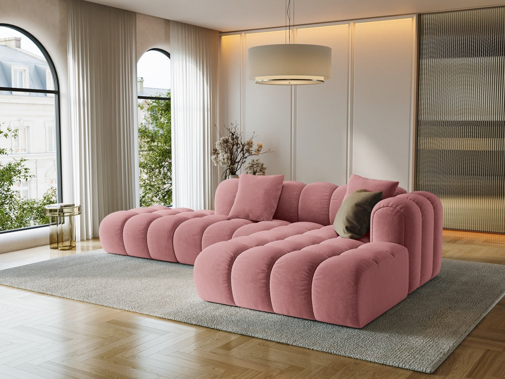 
4-Seater Designer Corner Sofa "Arden" with Ottoman - Velvet Flamingo Pink / Ottoman left