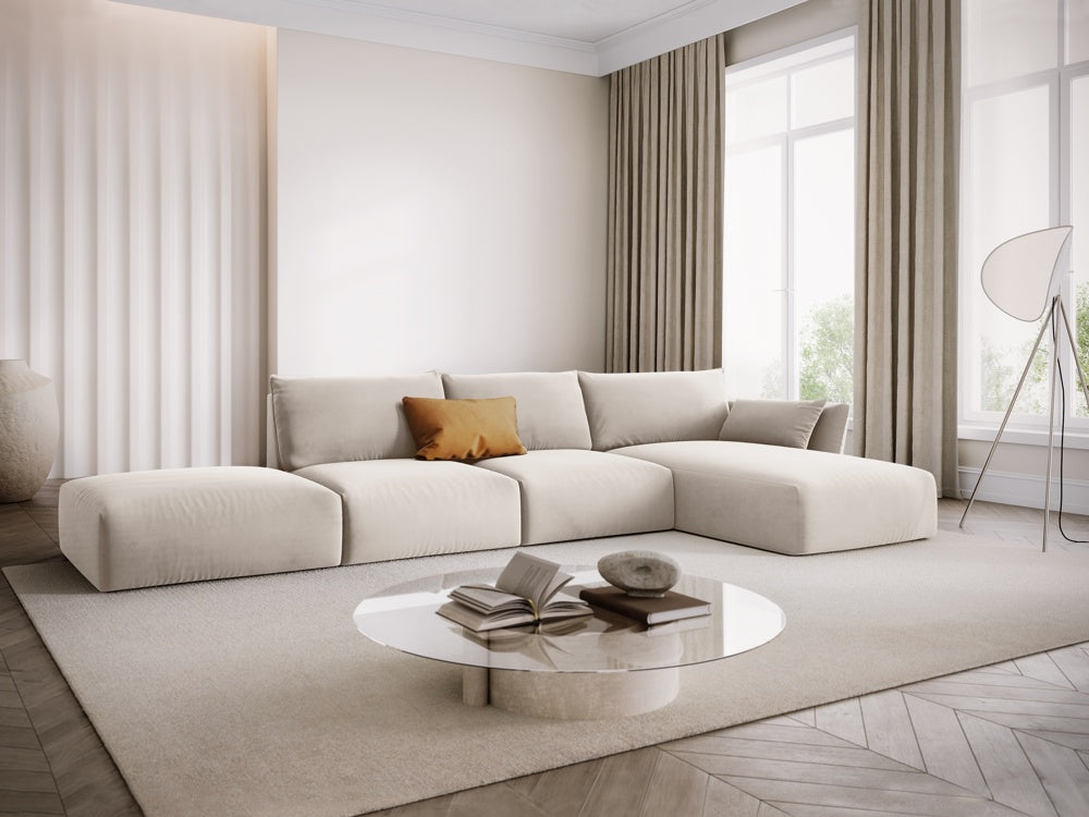 
Canapé d'angle design "Clau" 5 places avec ottomane - Velours Beige / Pièce d'angle droite