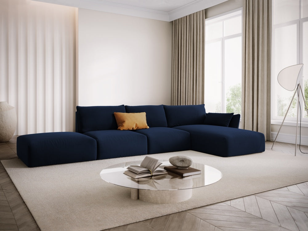 
Canapé d'angle design "Clau" 5 places avec ottomane - Velours bleu roi / Pièce d'angle droite