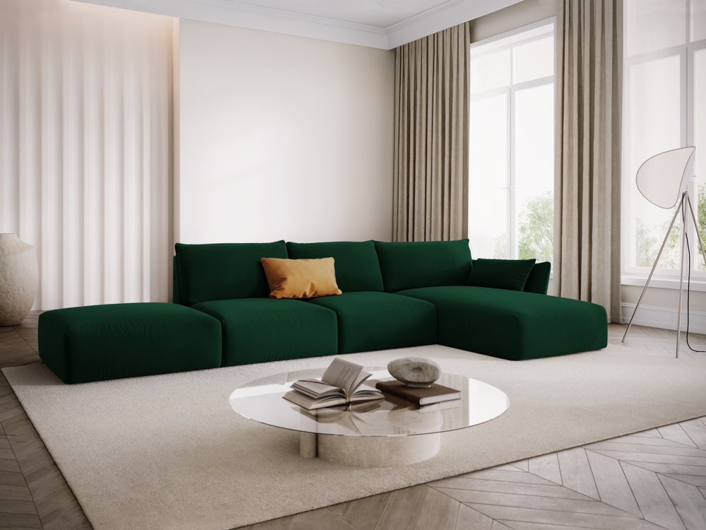
Canapé d'angle design "Clau" 5 places avec ottomane - Velours vert bouteille / Pièce d'angle droite