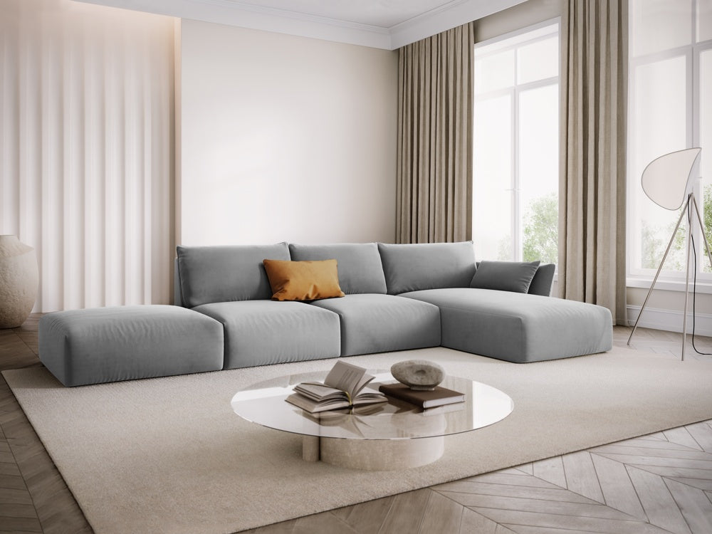 
Canapé d'angle design "Clau" 5 places avec ottomane - Velours Gris / Pièce d'angle droite