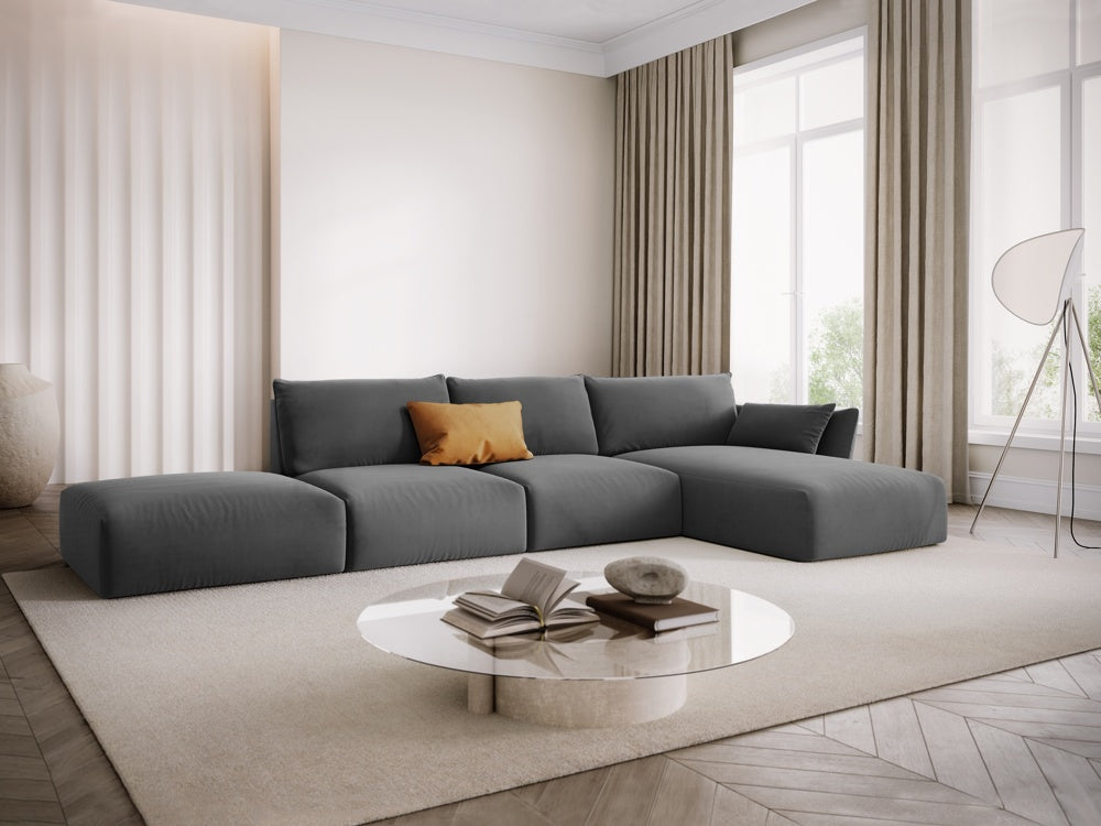 
Canapé d'angle design "Clau" 5 places avec ottomane - Velours gris foncé / Pièce d'angle droite