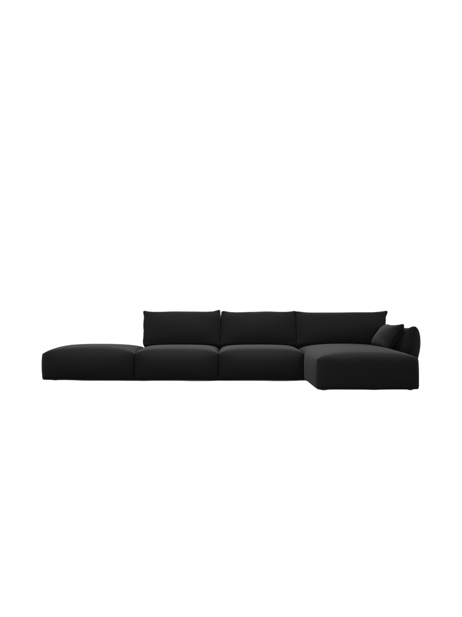 
Canapé d'angle design "Clau" 5 places avec ottomane - Velours noir / Pièce d'angle droite