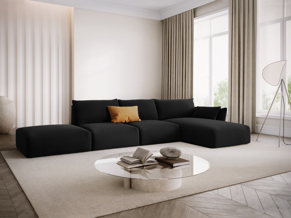 
Canapé d'angle design "Clau" 5 places avec ottomane - Velours noir / Pièce d'angle droite