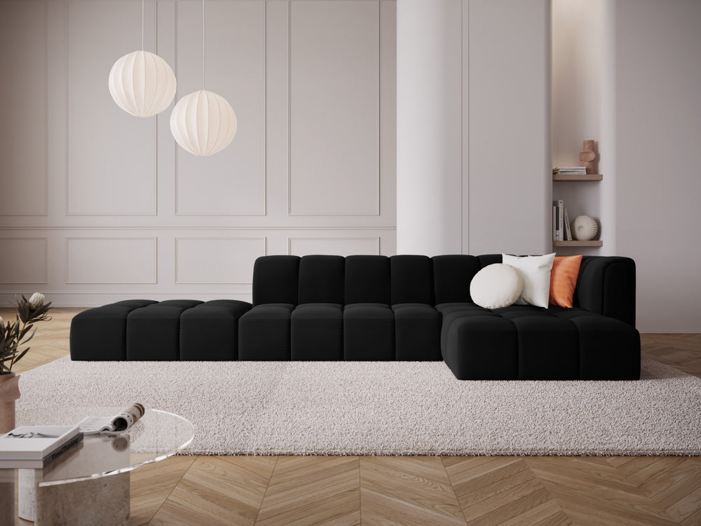 
5-Sitzer Design Ecksofa "Adams" mit Ottomane - Samt Schwarz / Ottomane links