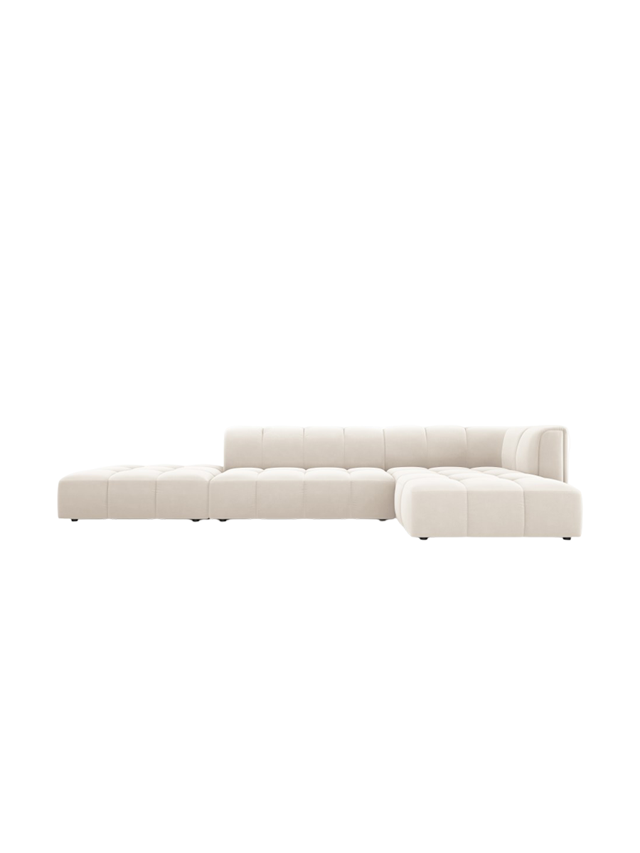 
5-Sitzer Design Ecksofa "Adams" mit Ottomane - Samt Light Beige / Ottomane links