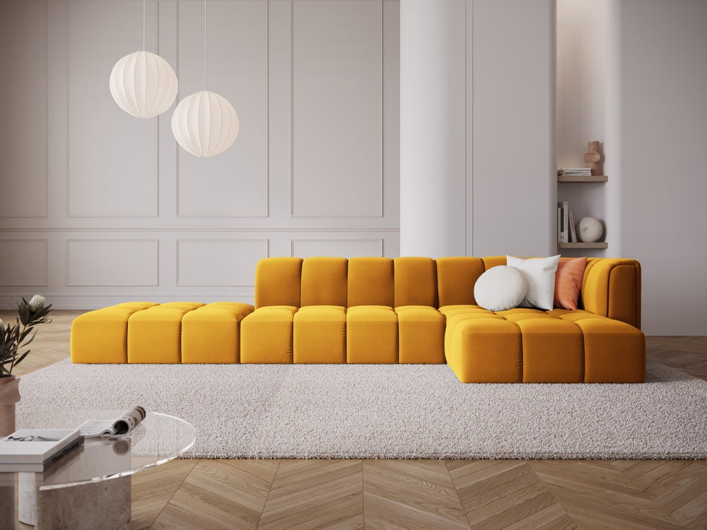 
5-Sitzer Design Ecksofa "Adams" mit Ottomane - Samt Senfgelb / Ottomane links