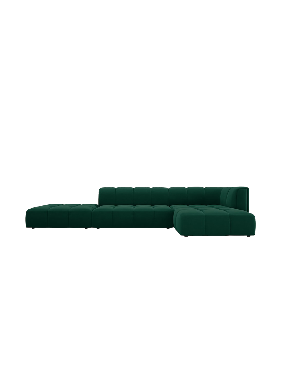 
5-Sitzer Design Ecksofa "Adams" mit Ottomane - Samt Flaschengrün / Ottomane links