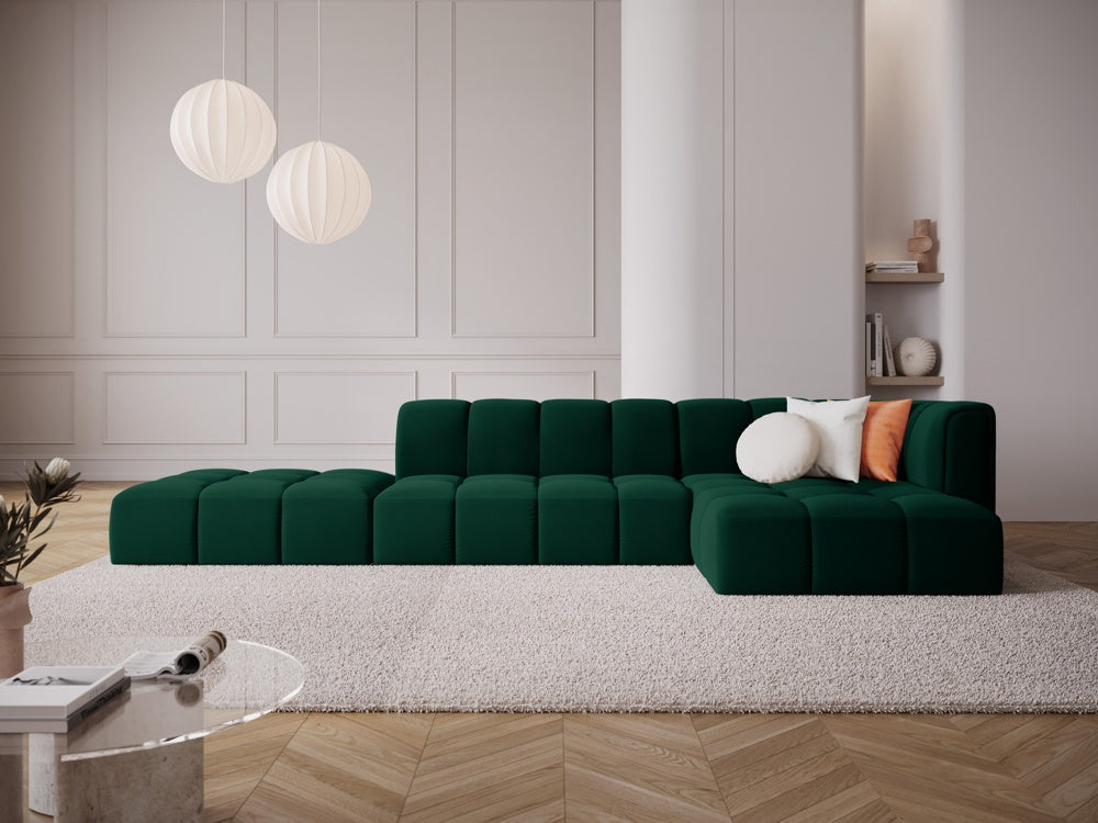 
5-Sitzer Design Ecksofa "Adams" mit Ottomane - Samt Flaschengrün / Ottomane links