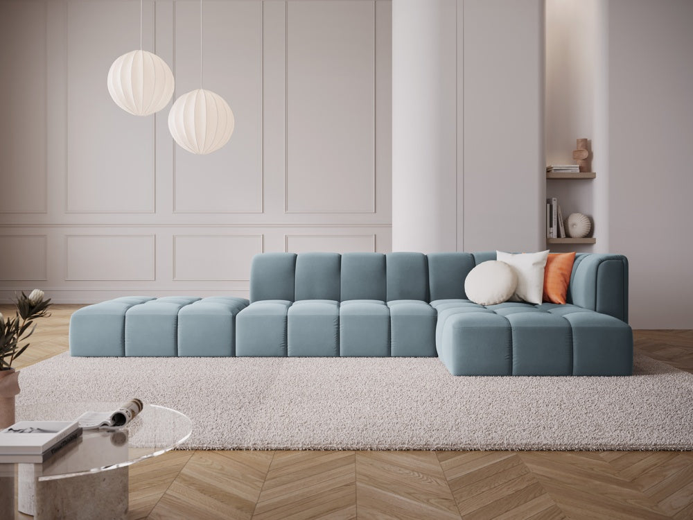 
5-Sitzer Design Ecksofa "Adams" mit Ottomane - Samt Hellblau / Ottomane links