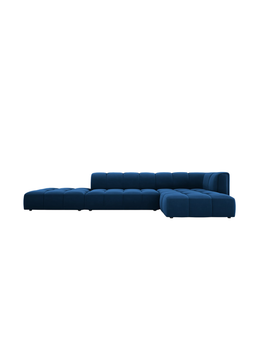 
5-Sitzer Design Ecksofa "Adams" mit Ottomane - Samt Königsblau / Ottomane links