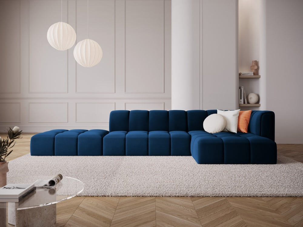 
5-Sitzer Design Ecksofa "Adams" mit Ottomane - Samt Königsblau / Ottomane links