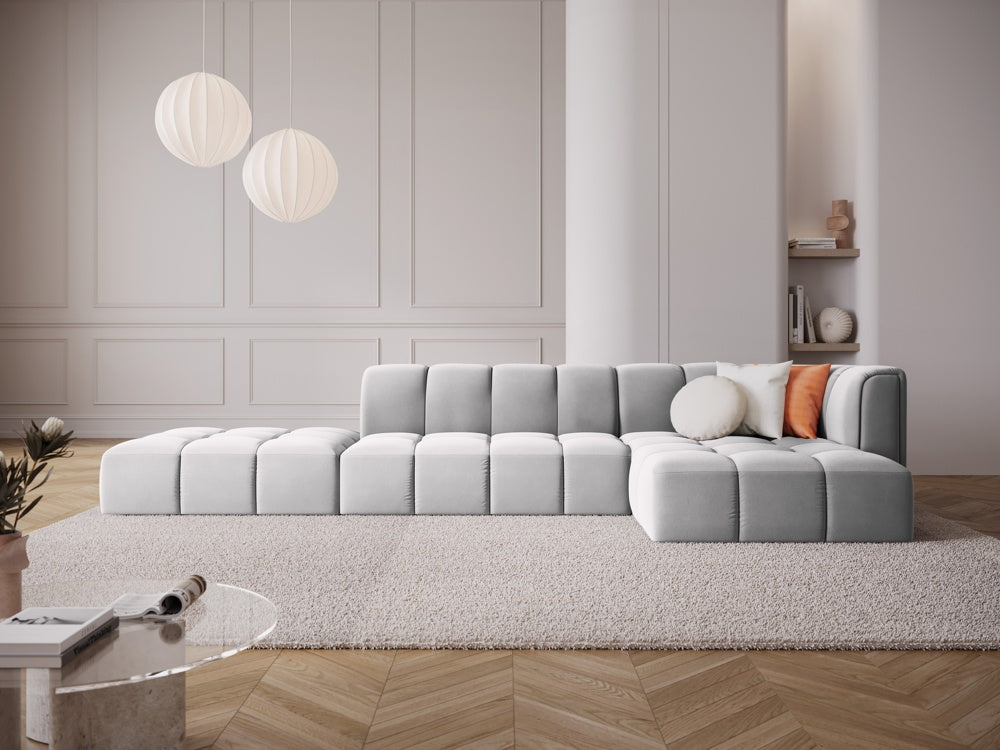 
5-Sitzer Design Ecksofa "Adams" mit Ottomane - Samt Silver / Ottomane links