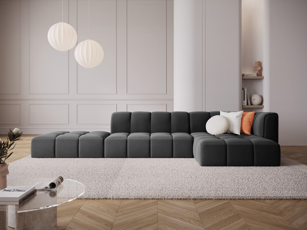 
5-Sitzer Design Ecksofa "Adams" mit Ottomane - Samt Grau / Ottomane links