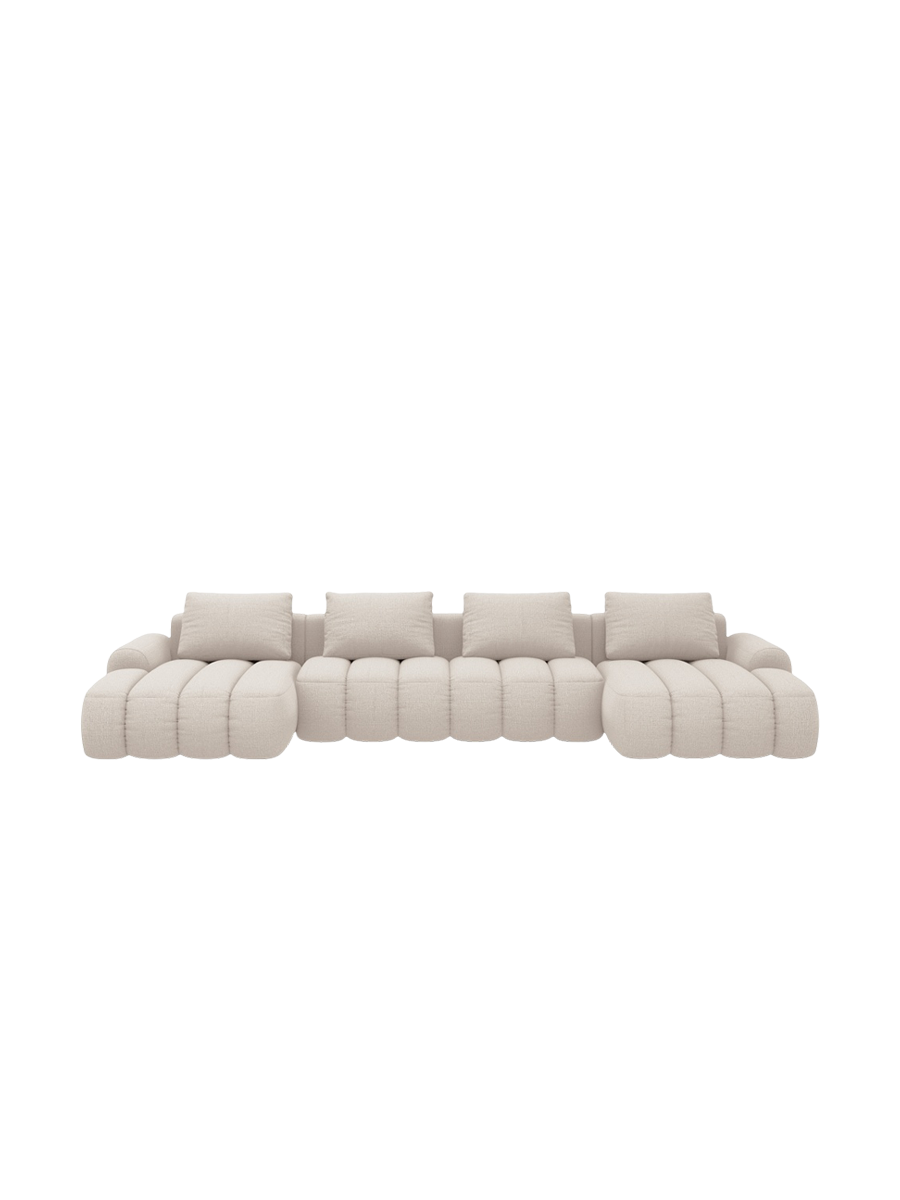 
5-Seater Designer Panoramic Sofa "Kimi" with Sleeping Function - Structured Fabric Beige