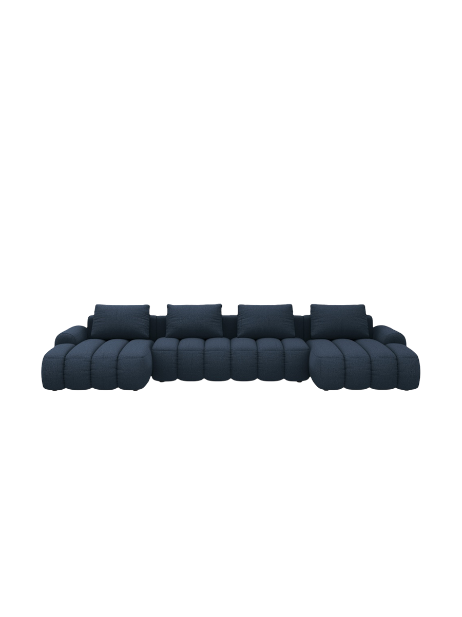 
5-Seater Designer Panoramic Sofa "Kimi" with Sleeping Function - Structured Fabric Blue