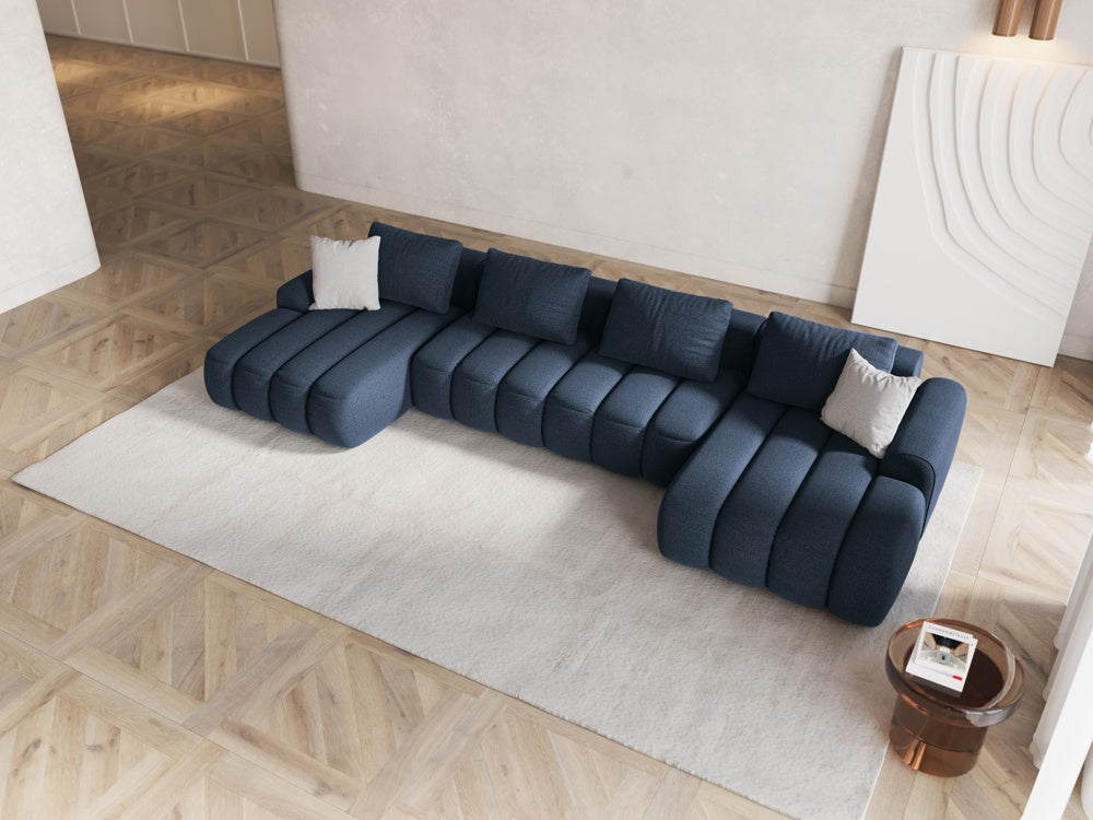 
5-Seater Designer Panoramic Sofa "Kimi" with Sleeping Function - Structured Fabric Blue