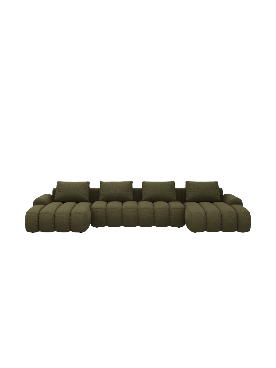 
5-Seater Designer Panoramic Sofa "Kimi" with Sleeping Function - Textured Fabric Green