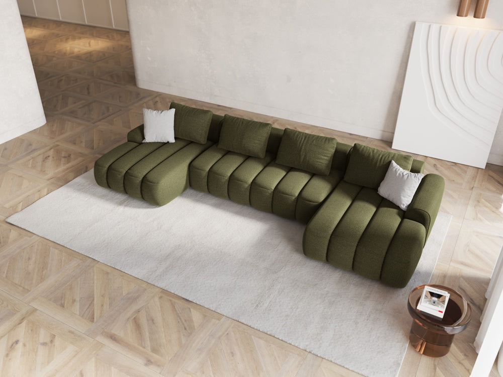 
5-Seater Designer Panoramic Sofa "Kimi" with Sleeping Function - Textured Fabric Green