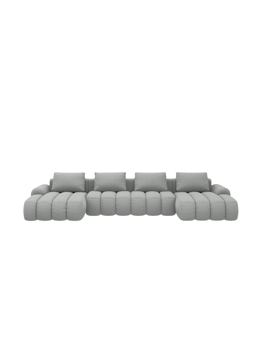 
5-Seater Designer Panoramic Sofa "Kimi" with Sleeping Function - Structural Fabric Light Grey