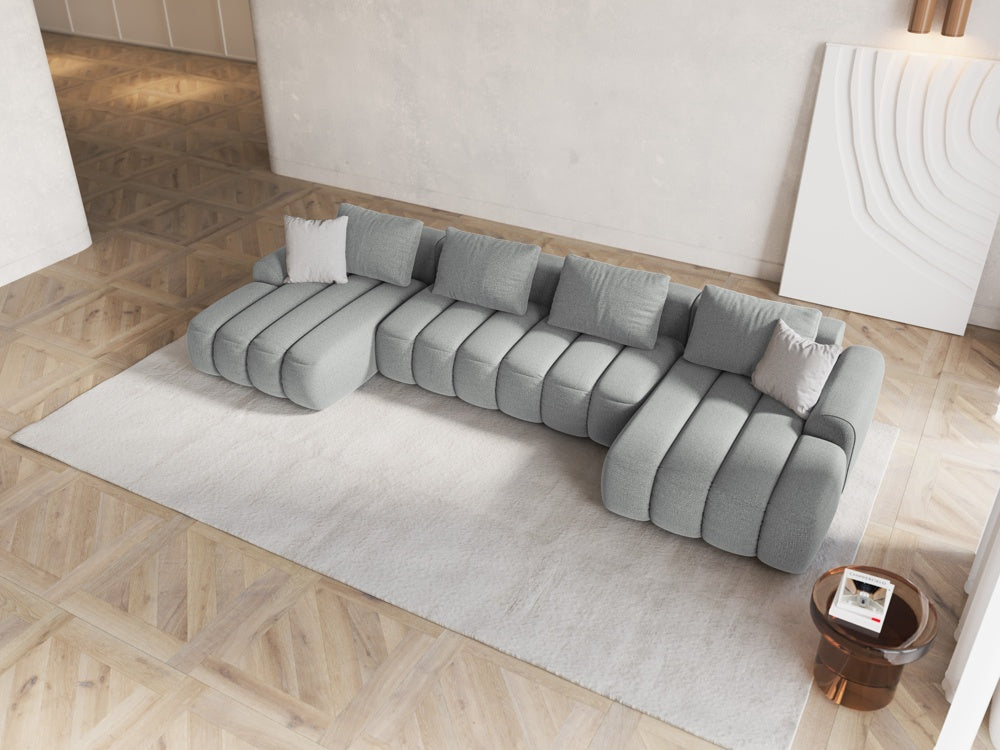 
5-Seater Designer Panoramic Sofa "Kimi" with Sleeping Function - Structural Fabric Light Grey