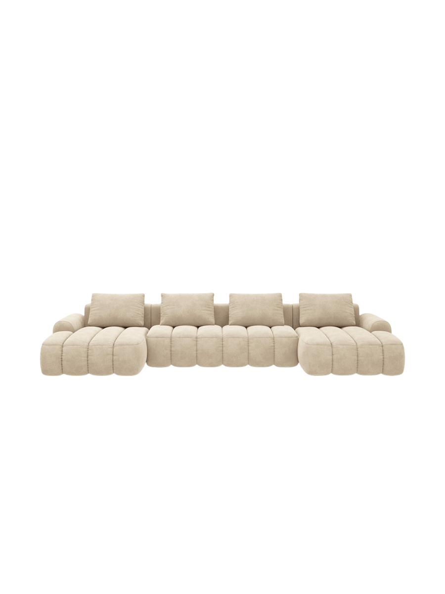 
5-Seater Designer Panoramic Sofa "Kimi" with Sleeping Function - Velvet Light Beige