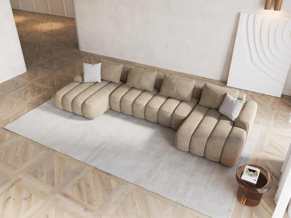 
5-Seater Designer Panoramic Sofa "Kimi" with Sleeping Function - Velvet Light Beige