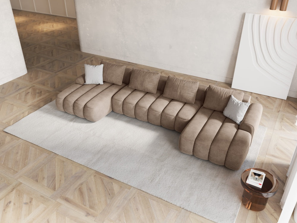 
5-Seater Designer Panoramic Sofa "Kimi" with Sleeping Function - Velvet Dark Beige