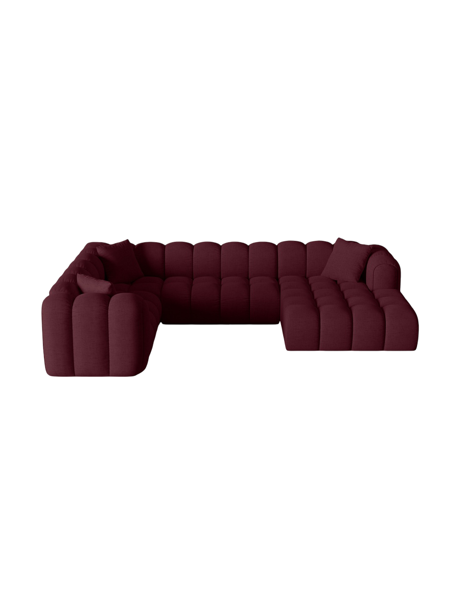 
6-Seater Designer Panoramic Sofa "Arden" - Structural Fabric Bordeaux / Long edge left