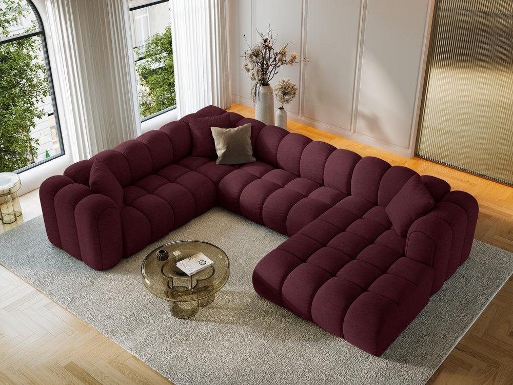 
6-Seater Designer Panoramic Sofa "Arden" - Structural Fabric Bordeaux / Long edge left