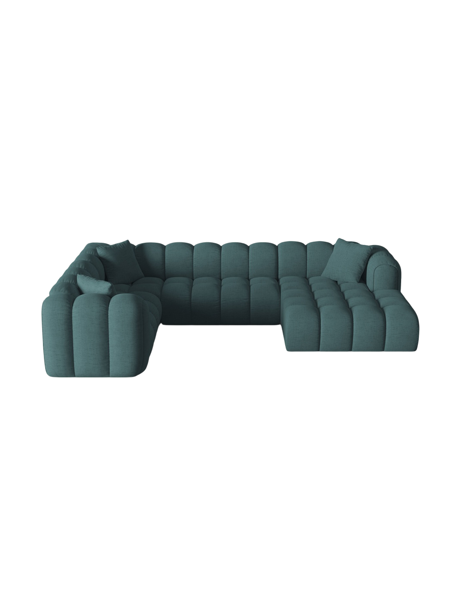 
6-Seater Designer Panoramic Sofa "Arden" - Structured Fabric Petrol / Long edge left