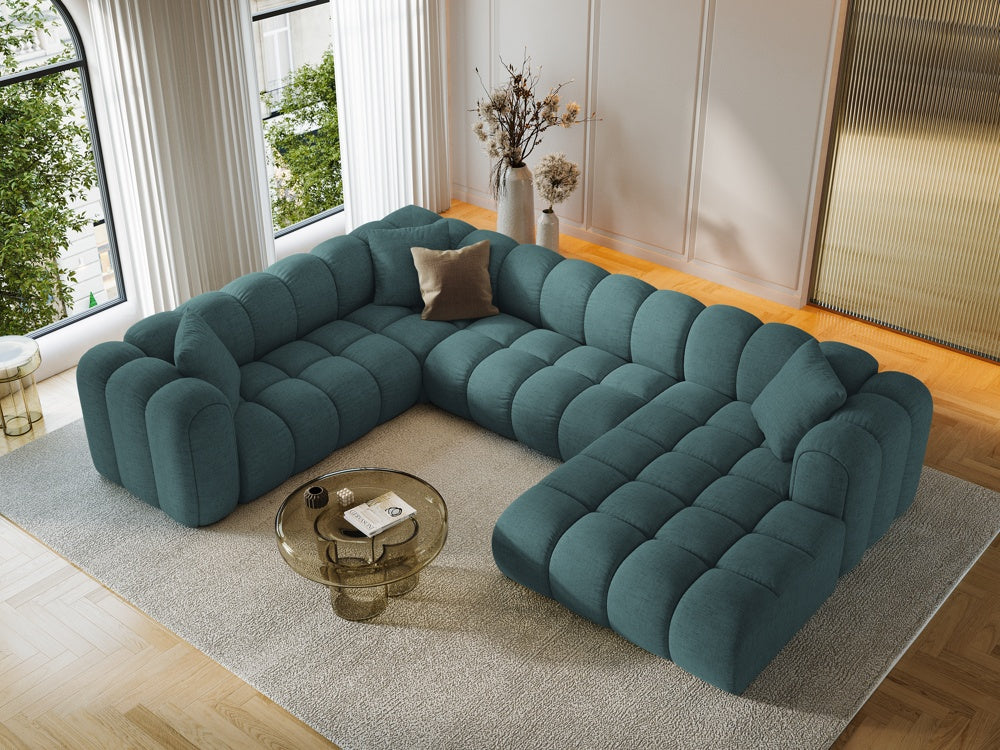 
6-Seater Designer Panoramic Sofa "Arden" - Structured Fabric Petrol / Long edge left
