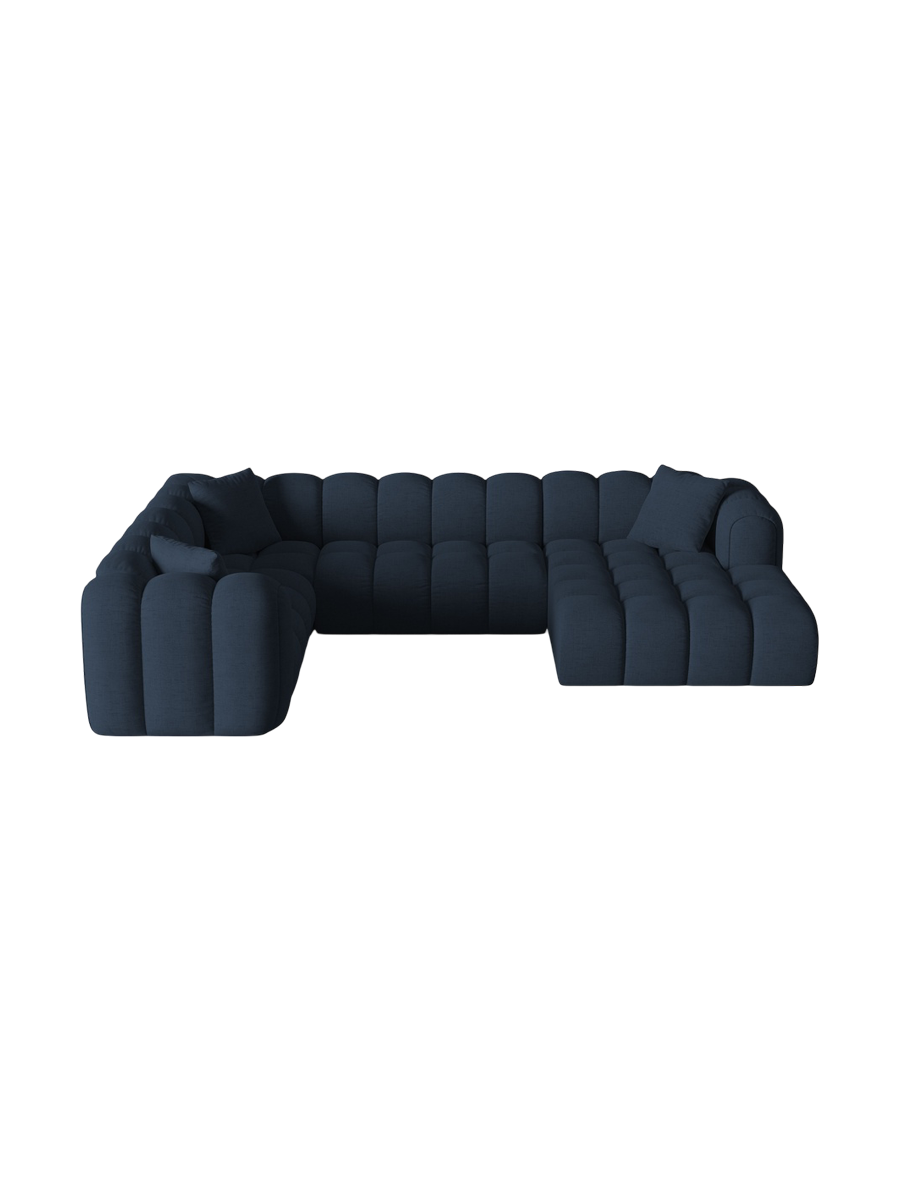 
6-Seater Designer Panoramic Sofa "Arden" - Structured Fabric Dark Blue / Long edge left