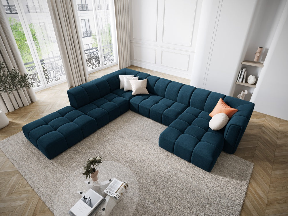 
Grosses Design Panorama-Sofa "Adams" - Chenille Königsblau / Lange Seite links