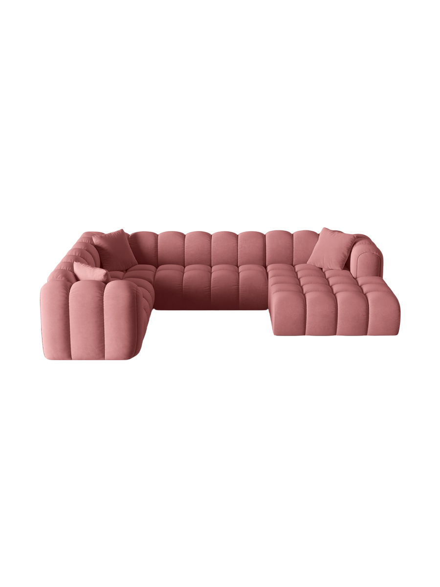
6-Seater Designer Panoramic Sofa "Arden" - Velvet Flamingo Pink / Long edge left