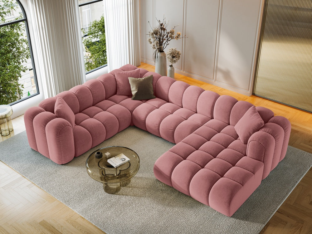 
6-Seater Designer Panoramic Sofa "Arden" - Velvet Flamingo Pink / Long edge left