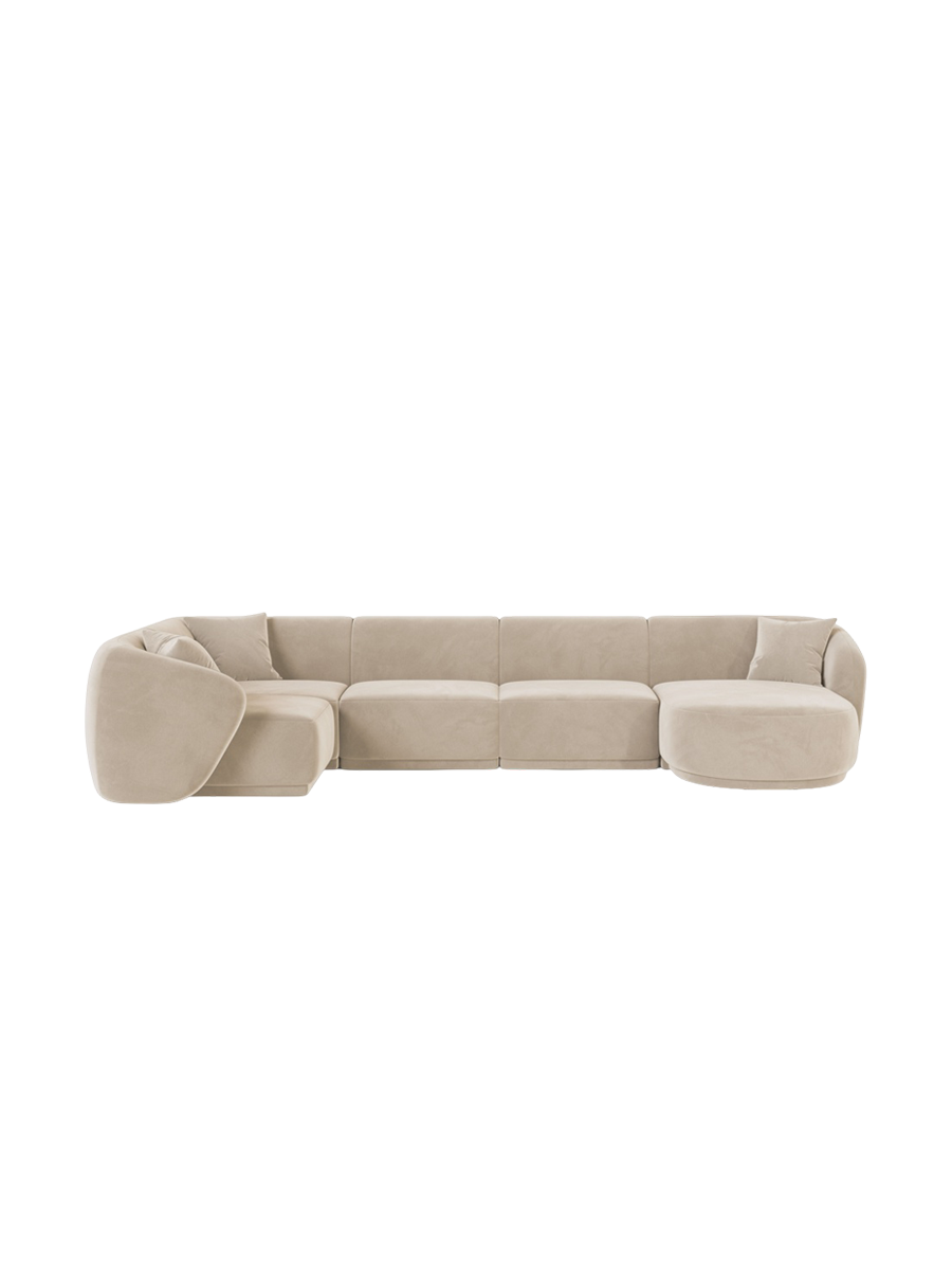 
Canapé panoramique design 6 places "Jane" - Velours Beige / Angle gauche / Méridienne droite
